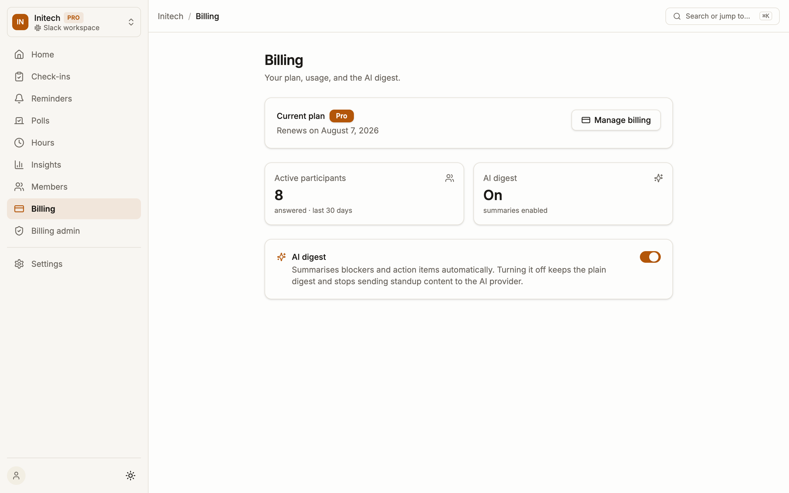 The Billing page: current plan, active participants and the AI digest toggle.