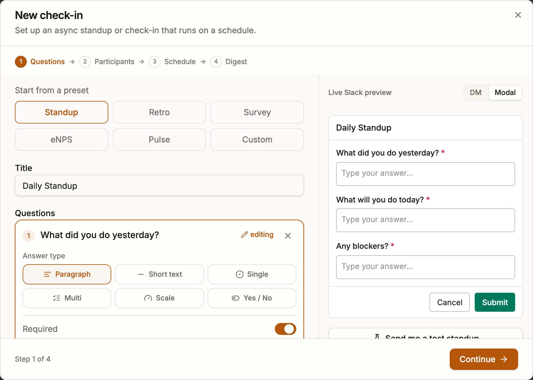 The New check-in builder in asyncmate: Survey, eNPS and Pulse presets next to Standup, with a live preview of the Slack message.