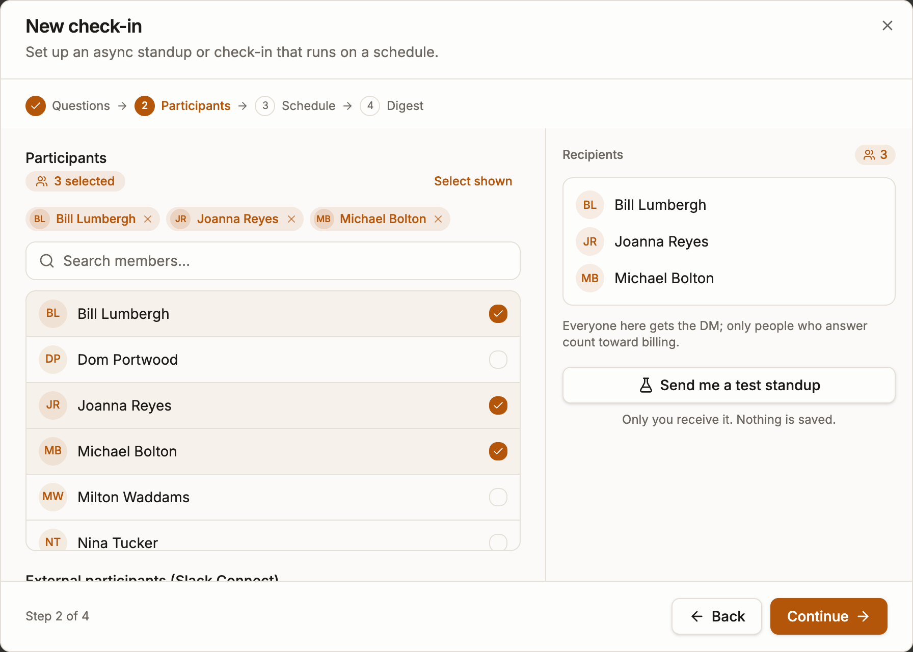 New check-in wizard, step 2: participant picker with an option to add everyone from a Slack channel.
