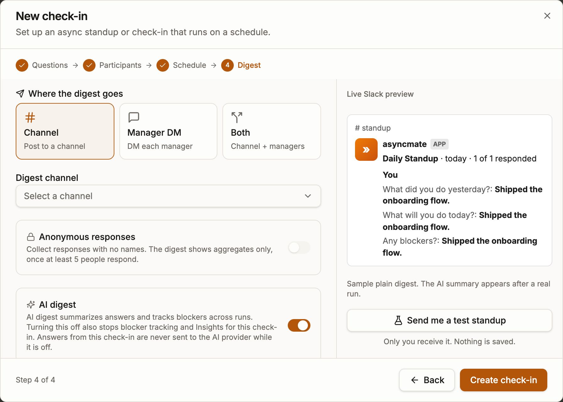 New check-in wizard, step 4: digest channel picker and the AI digest toggle.