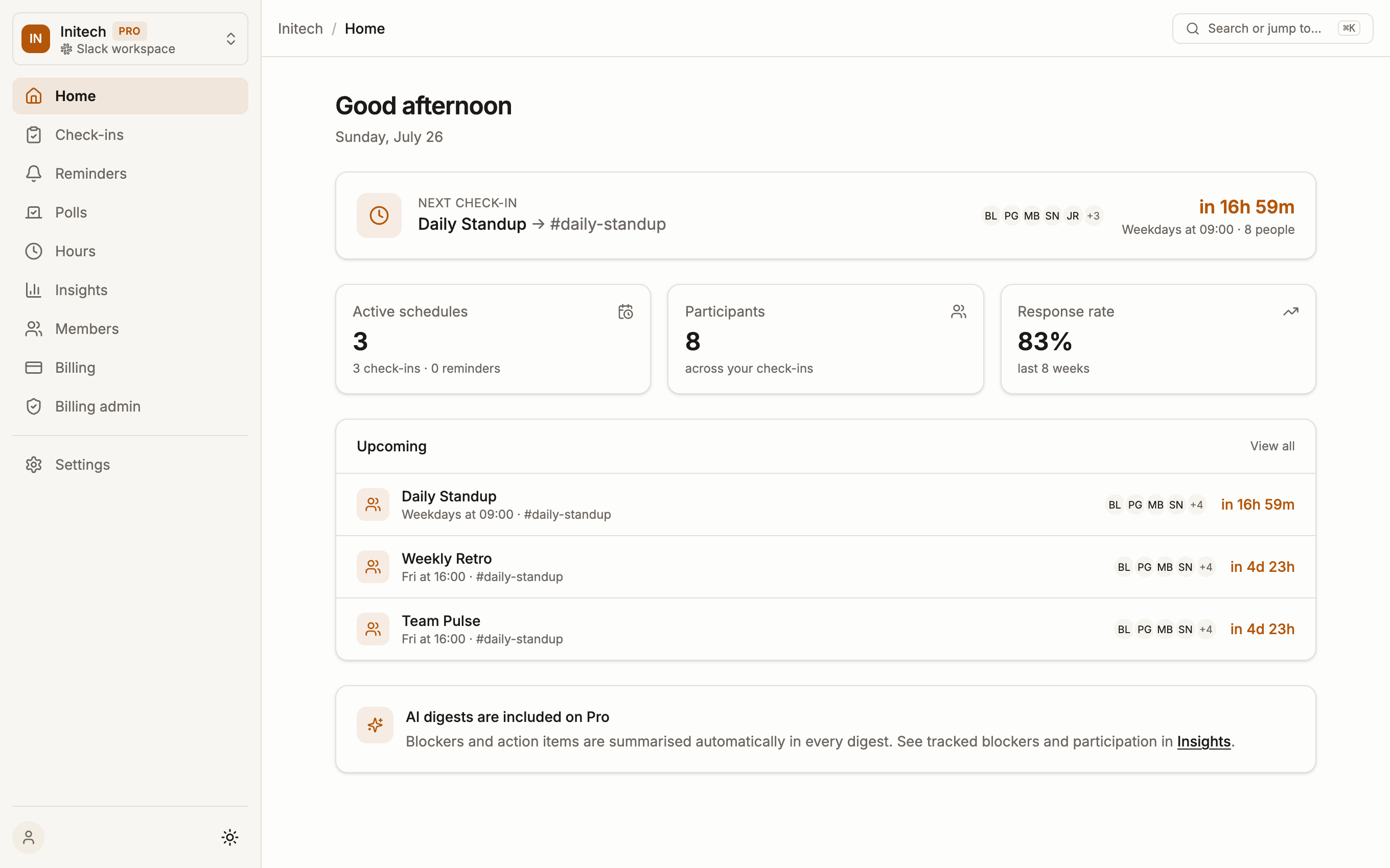 The asyncmate dashboard: next check-in, active schedules and response rate at a glance.