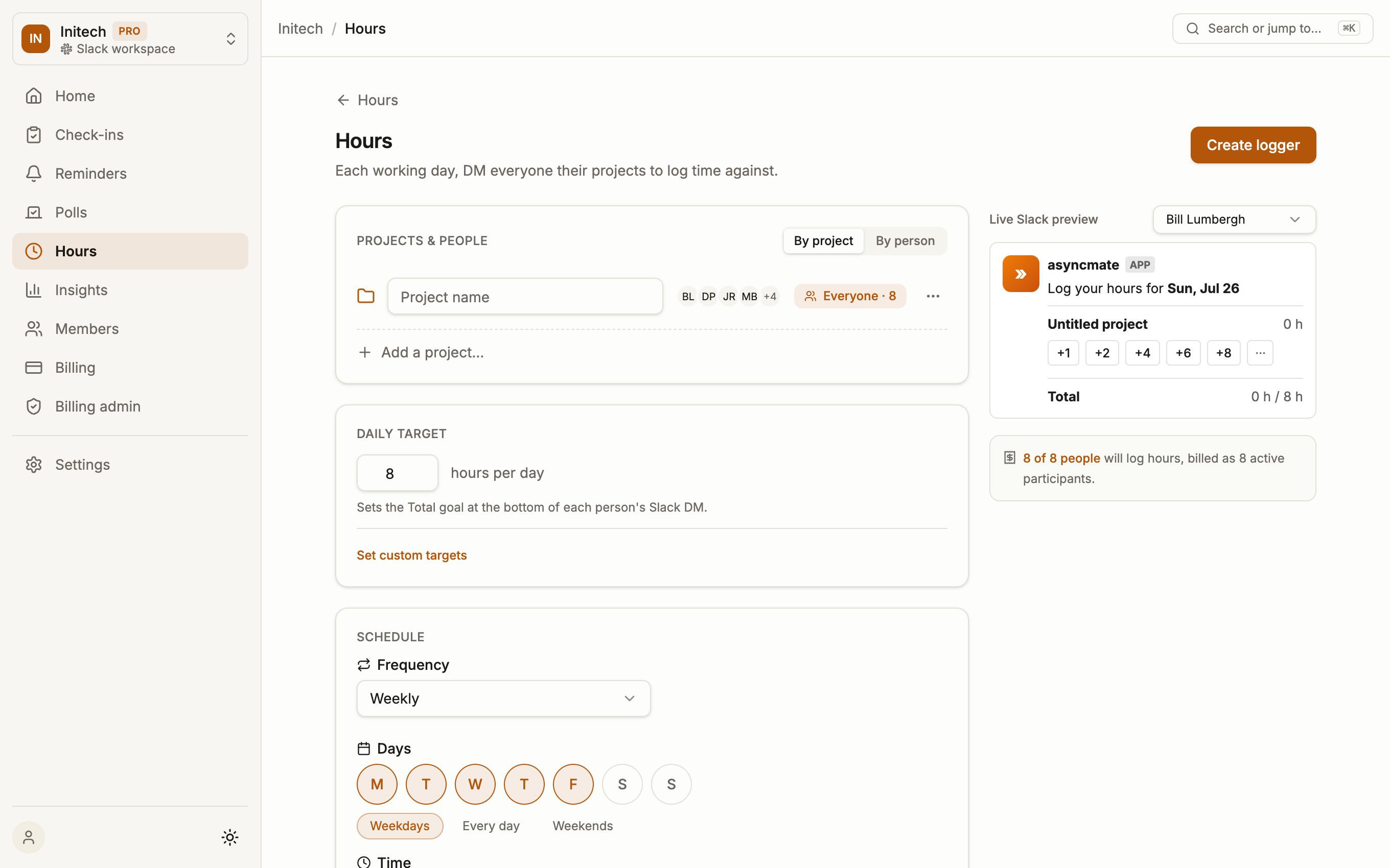 The hours logger setup: projects and people, daily target, schedule and a live Slack preview.