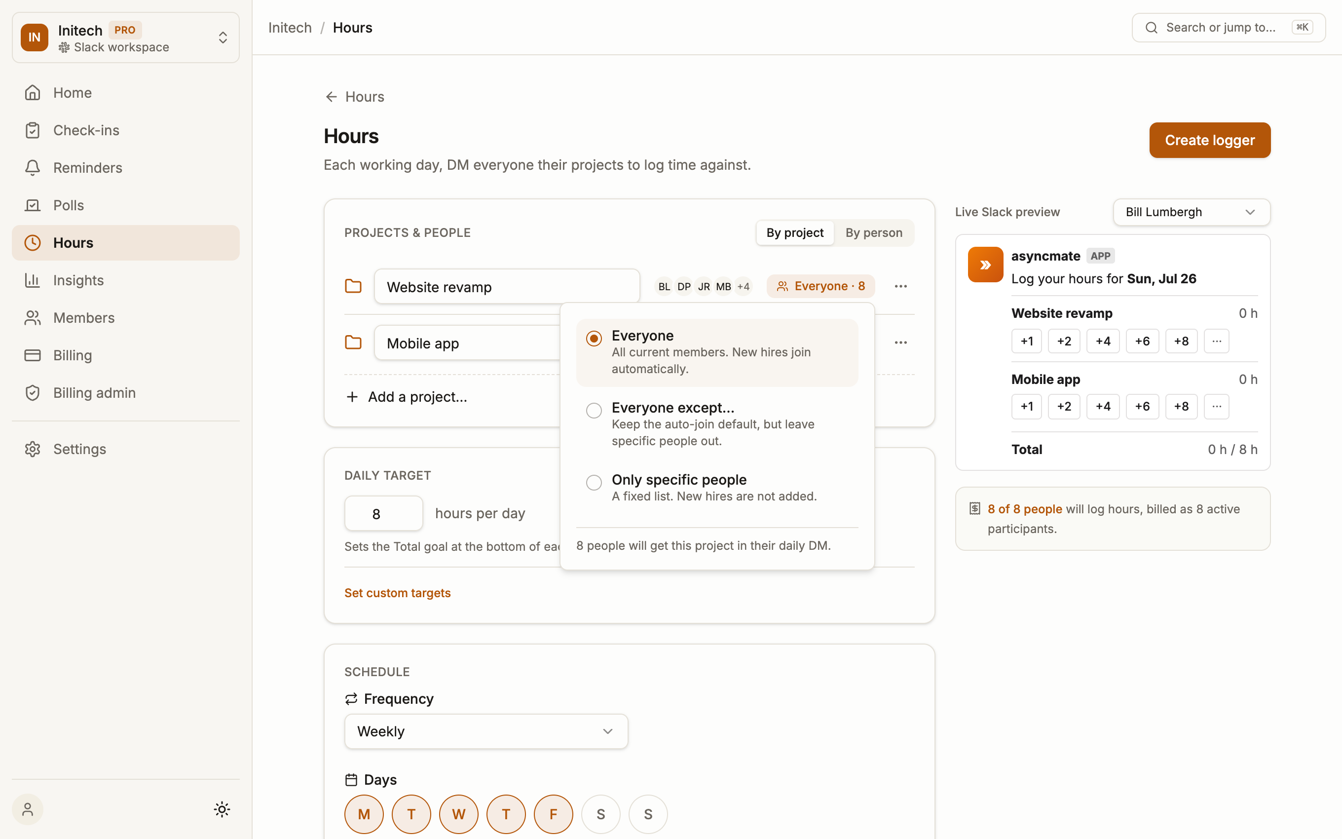 Projects on the logger: each project is assigned to everyone, everyone-except, or a fixed list.