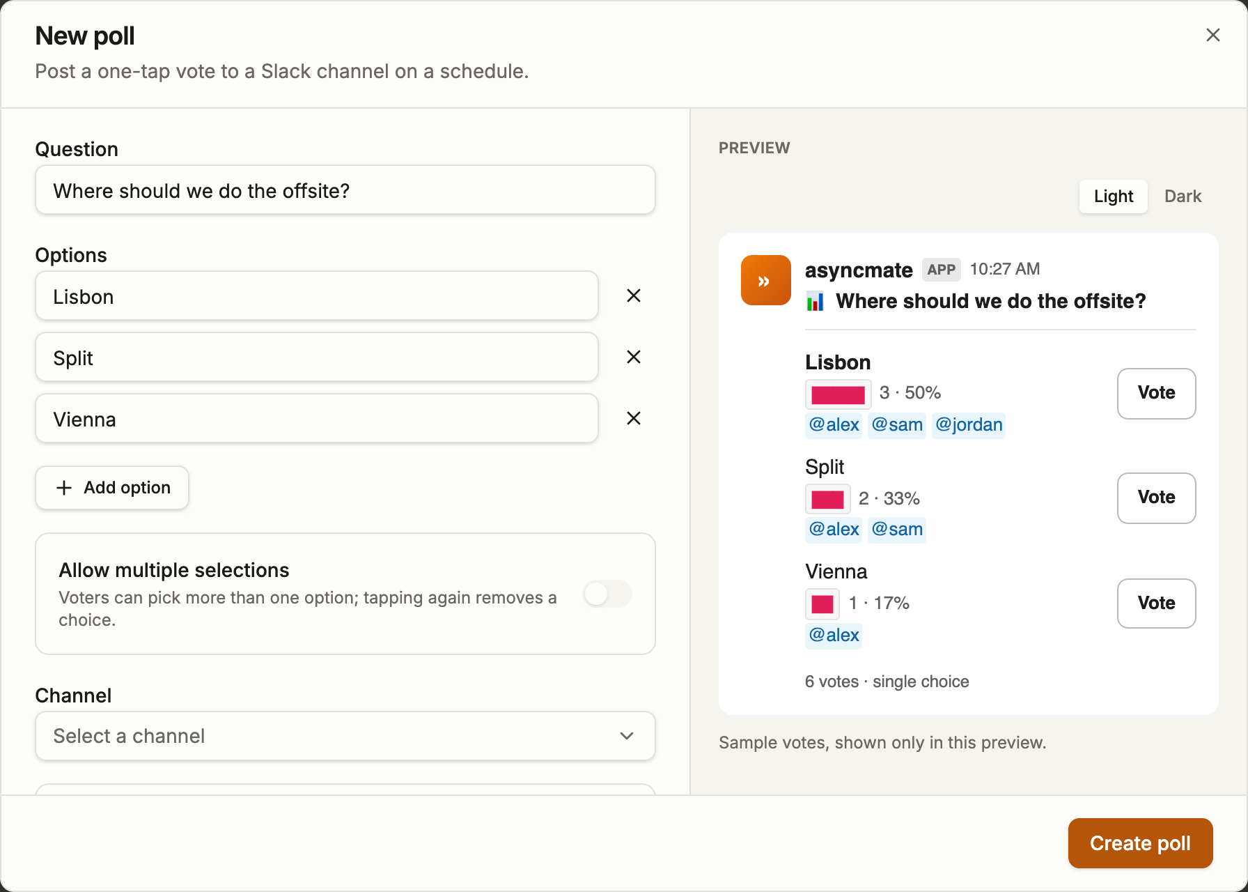 Creating a Slack poll in asyncmate: the New poll form with question, options, channel and a live preview of the poll message.